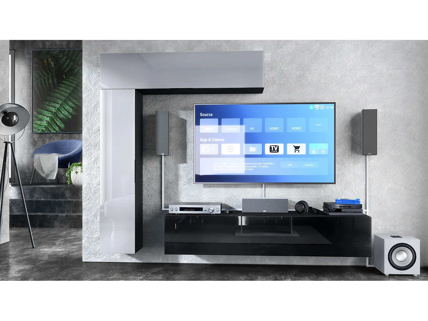 Meuble-paroi Taurito, noir mat/blanc haute brillance - Meuble-paroi moderne pour votre salon (320 x 182 x 39 cm)