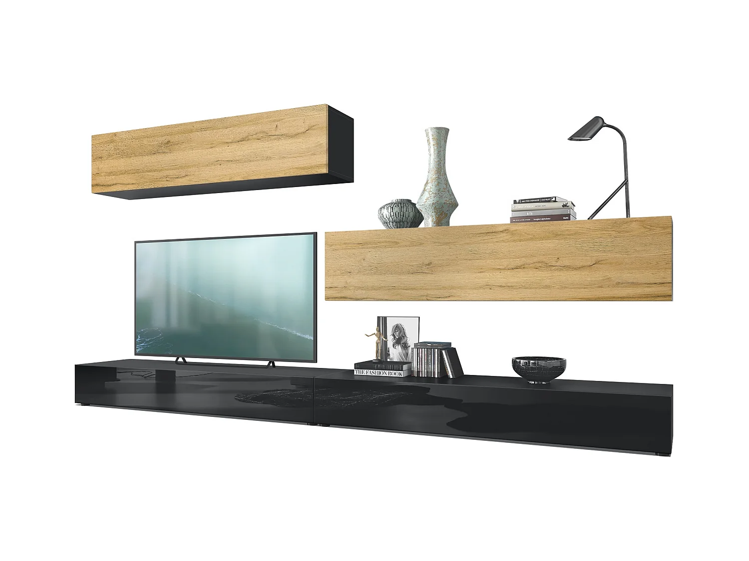 Combinaison murale Armoire Nublo, Corps en Noir mat / Façades en Noir haute brillance et Chêne Nature