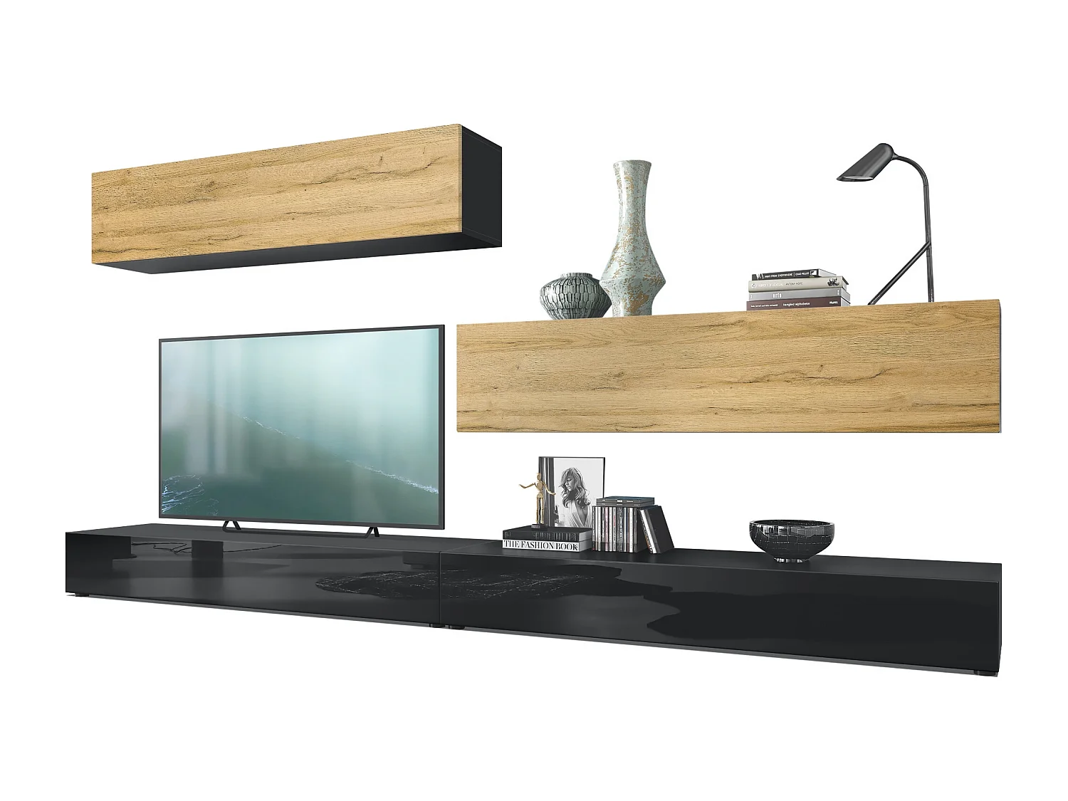 Combinaison murale Armoire Nublo, Corps en Noir mat / Façades en Noir haute brillance et Chêne Nature