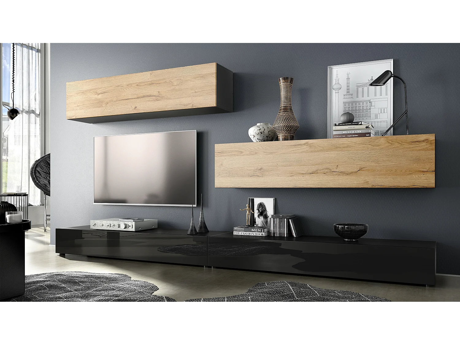 Combinaison murale Armoire Nublo, Corps en Noir mat / Façades en Noir haute brillance et Chêne Nature