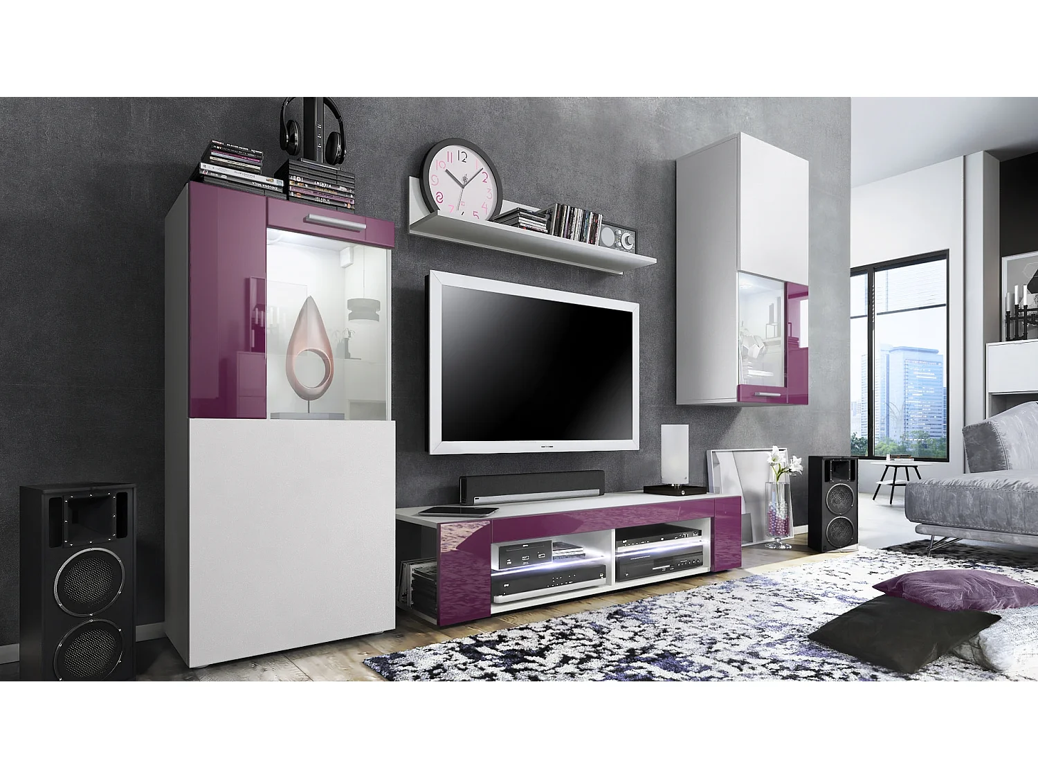 Ensemble de salon Movie comprenant 1 meuble bas TV, 2 vitrines et 1 étagère, Blanc mat/Mûre haute brillance, (Dimensions totales : 300 x 190 x 39 cm)