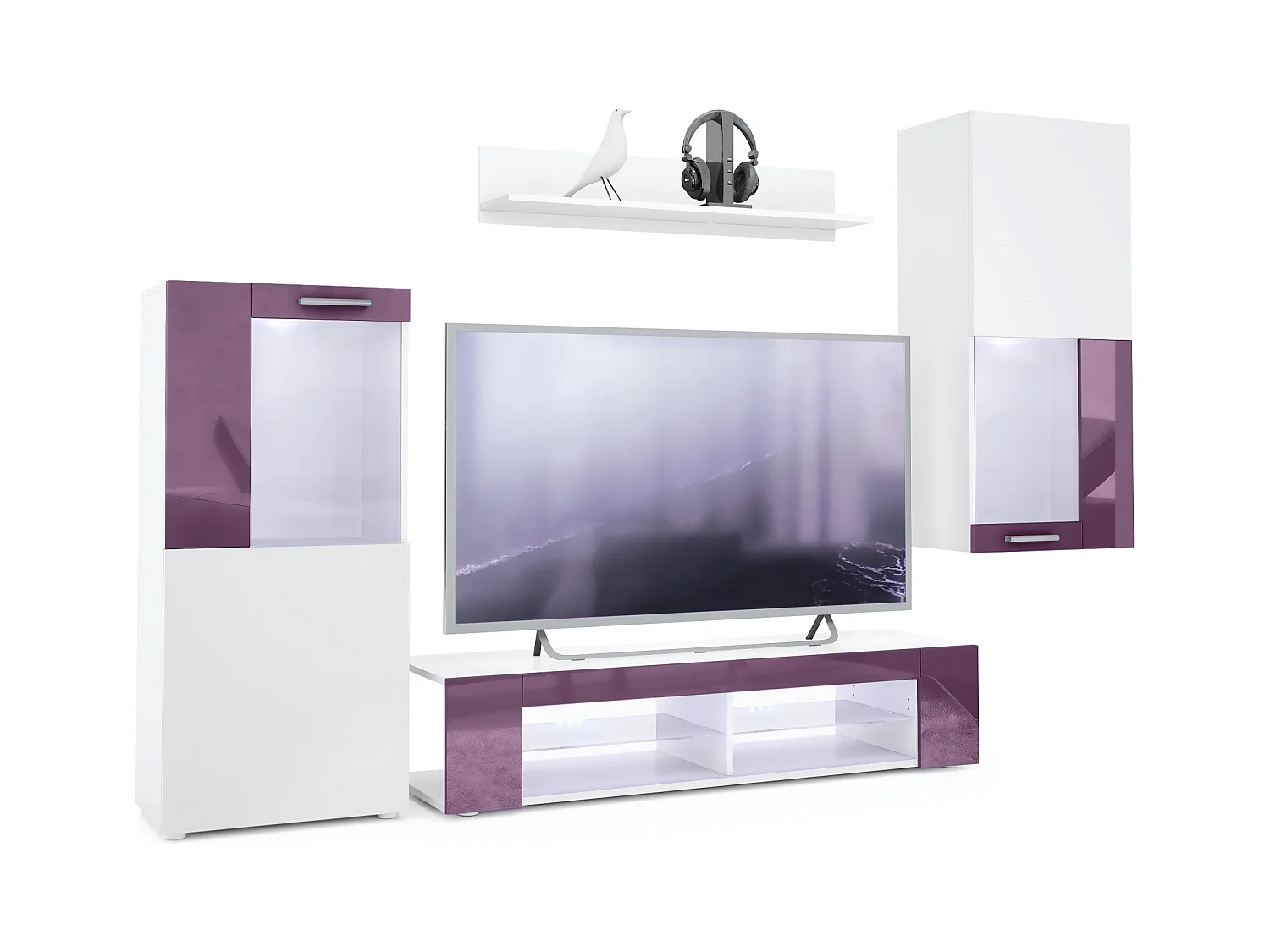 Ensemble de salon Movie comprenant 1 meuble bas TV, 2 vitrines et 1 étagère, Blanc mat/Mûre haute brillance, (Dimensions totales : 300 x 190 x 39 cm)