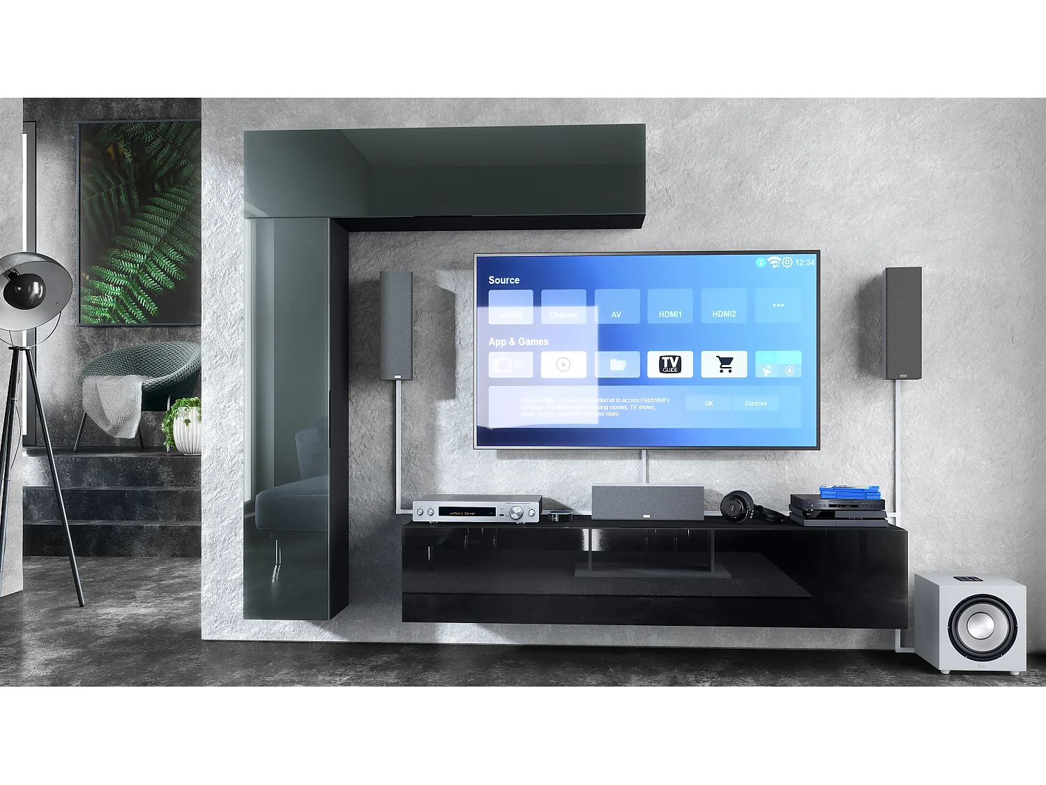 Meuble-paroi Taurito, noir mat/gris haute brillance - Meuble-paroi moderne pour votre salon (320 x 182 x 39 cm)