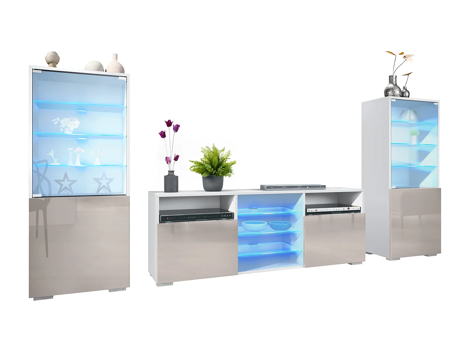 Ensemble mural Granada pour salon, comprenant 2 vitrines et 1 meuble TV, blanc mat/gris sable haute brillance éclairage LED inclus (286 x 122,5 x 35 cm)