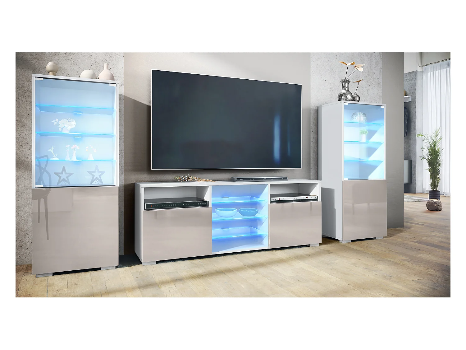 Ensemble mural Granada pour salon, comprenant 2 vitrines et 1 meuble TV, blanc mat/gris sable haute brillance éclairage LED inclus (286 x 122,5 x 35 cm)