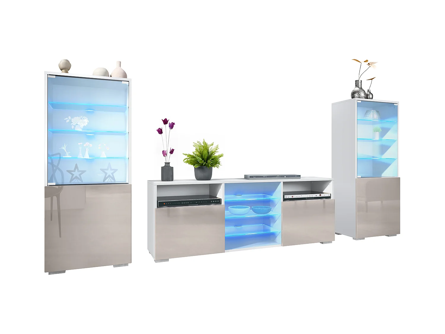 Ensemble mural Granada pour salon, comprenant 2 vitrines et 1 meuble TV, blanc mat/gris sable haute brillance éclairage LED inclus (286 x 122,5 x 35 cm)