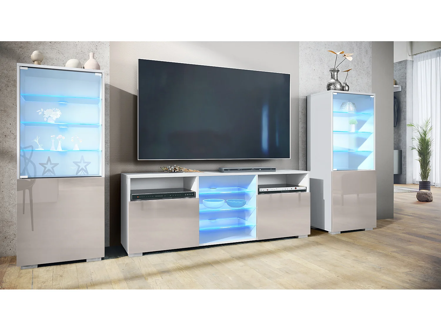 Ensemble mural Granada pour salon, comprenant 2 vitrines et 1 meuble TV, blanc mat/gris sable haute brillance éclairage LED inclus (286 x 122,5 x 35 cm)