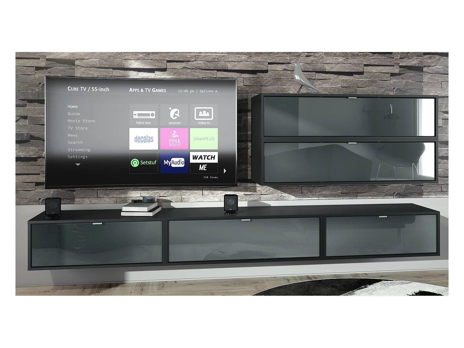 Unité murale Lana V2 composée de 5 unités murales à 12 compartiments, caisson en Noir mat, façades en Gris haute brillance