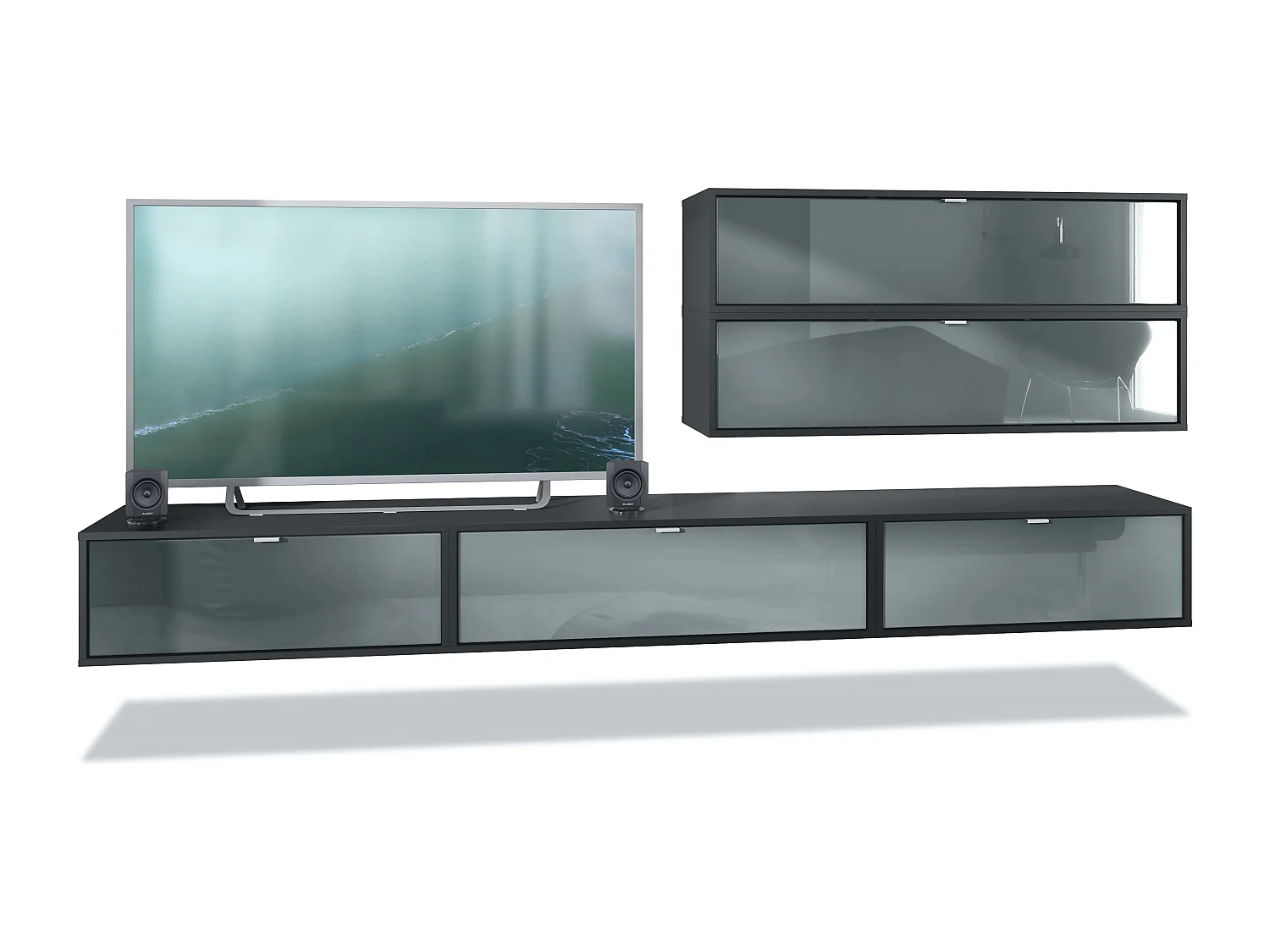 Parete attrezzata Lana V2 Centro di intrattenimento a 5 elementi sospesi con 12 ripiani, struttura in nero opaco, frontali in grigio lucido