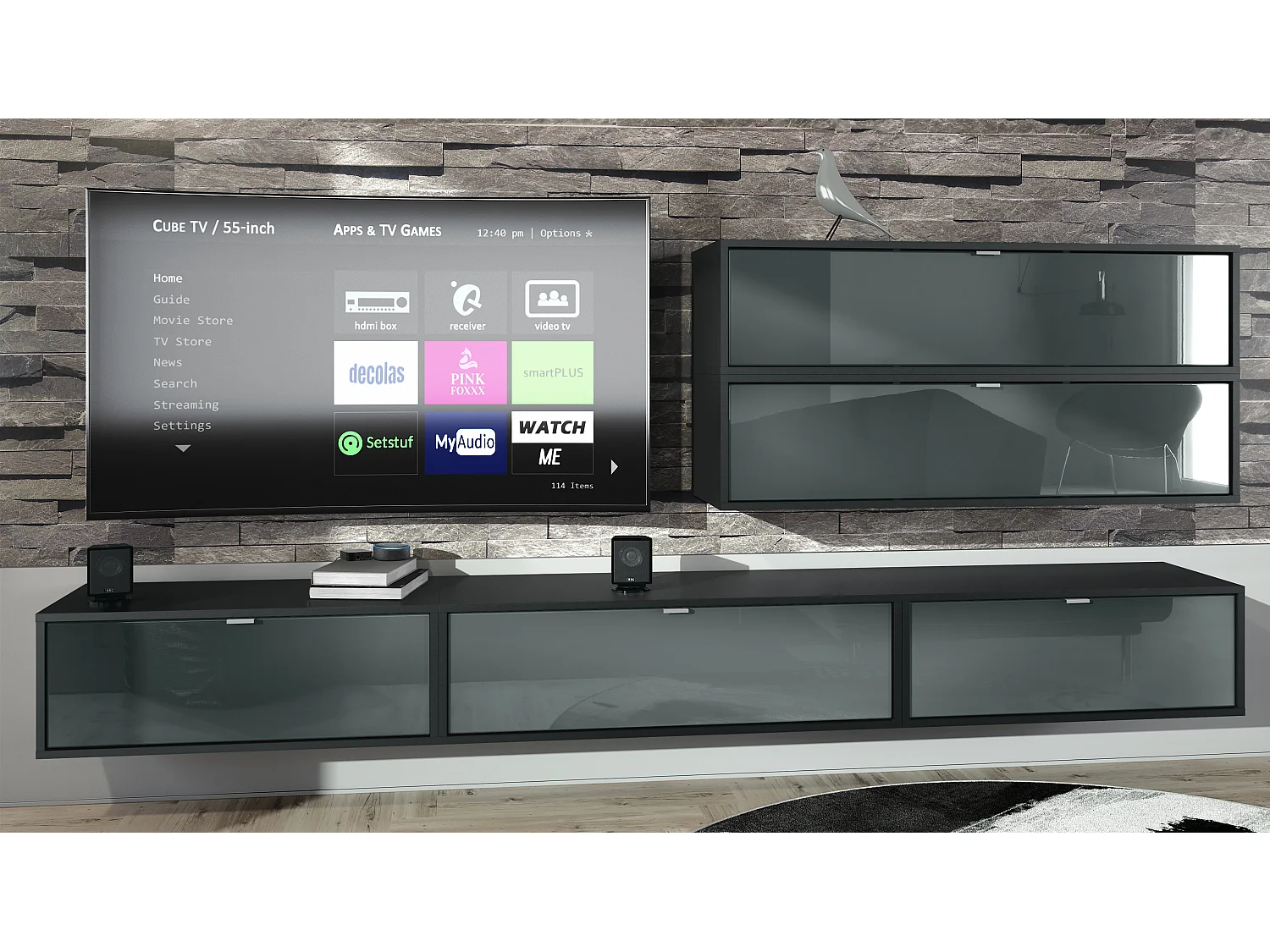 Parete attrezzata Lana V2 Centro di intrattenimento a 5 elementi sospesi con 12 ripiani, struttura in nero opaco, frontali in grigio lucido