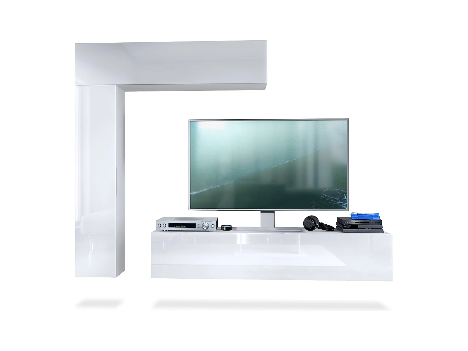 Meuble-paroi Taurito, blanc mat/blanc haute brillance - Meuble-paroi moderne pour votre salon (320 x 182 x 39 cm)