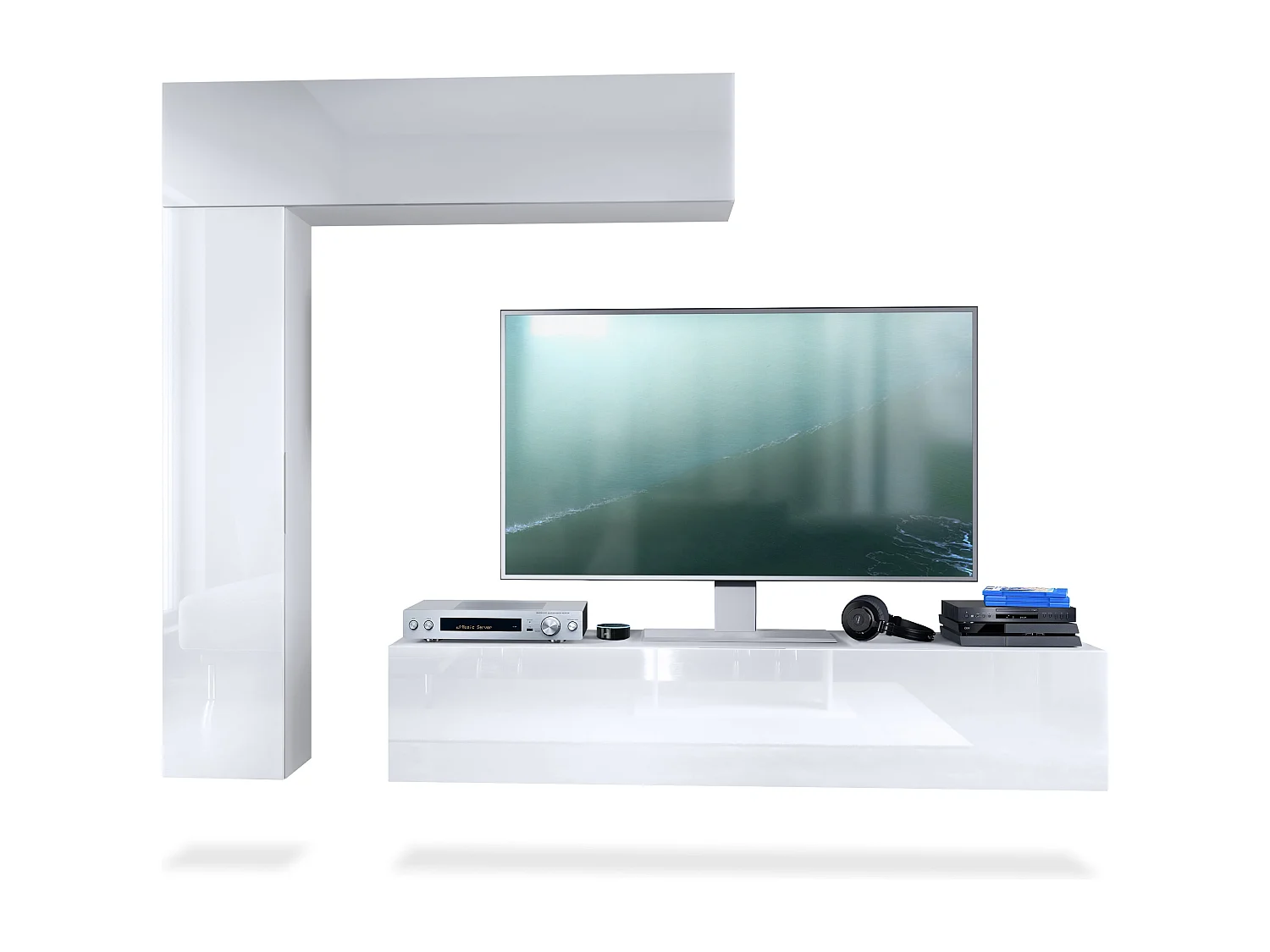 Meuble-paroi Taurito, blanc mat/blanc haute brillance - Meuble-paroi moderne pour votre salon (320 x 182 x 39 cm)