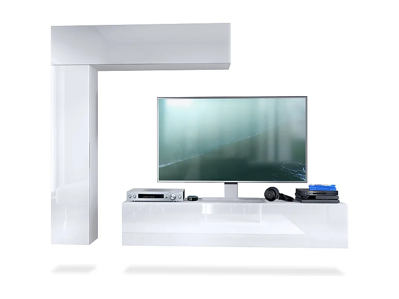 Meuble-paroi Taurito, blanc mat/blanc haute brillance - Meuble-paroi moderne pour votre salon (320 x 182 x 39 cm)