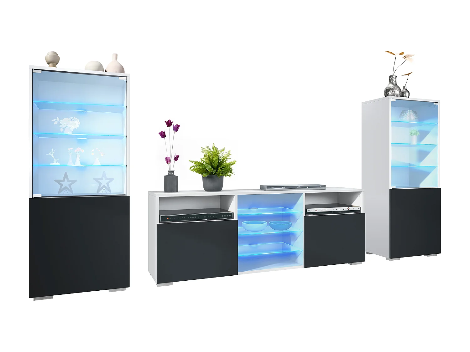 Ensemble mural Granada pour salon, comprenant 2 vitrines et 1 meuble TV, blanc mat/noir mat éclairage LED inclus (286 x 122,5 x 35 cm)