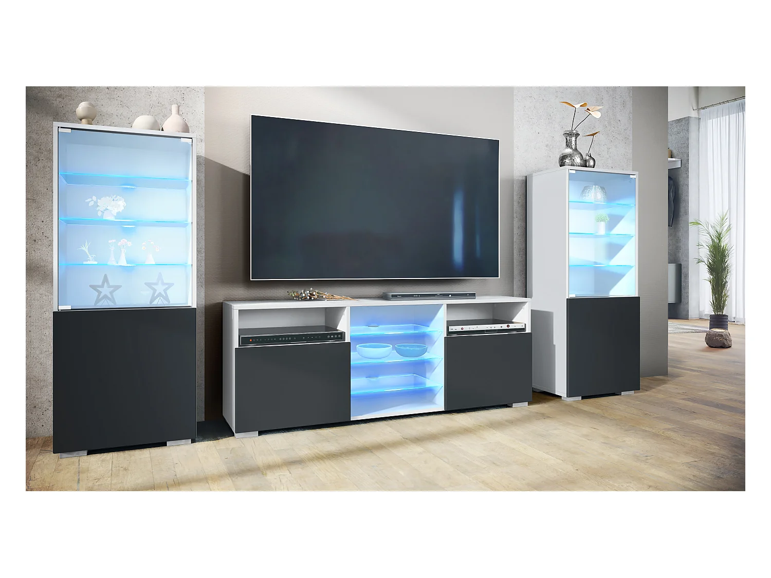 Ensemble mural Granada pour salon, comprenant 2 vitrines et 1 meuble TV, blanc mat/noir mat éclairage LED inclus (286 x 122,5 x 35 cm)