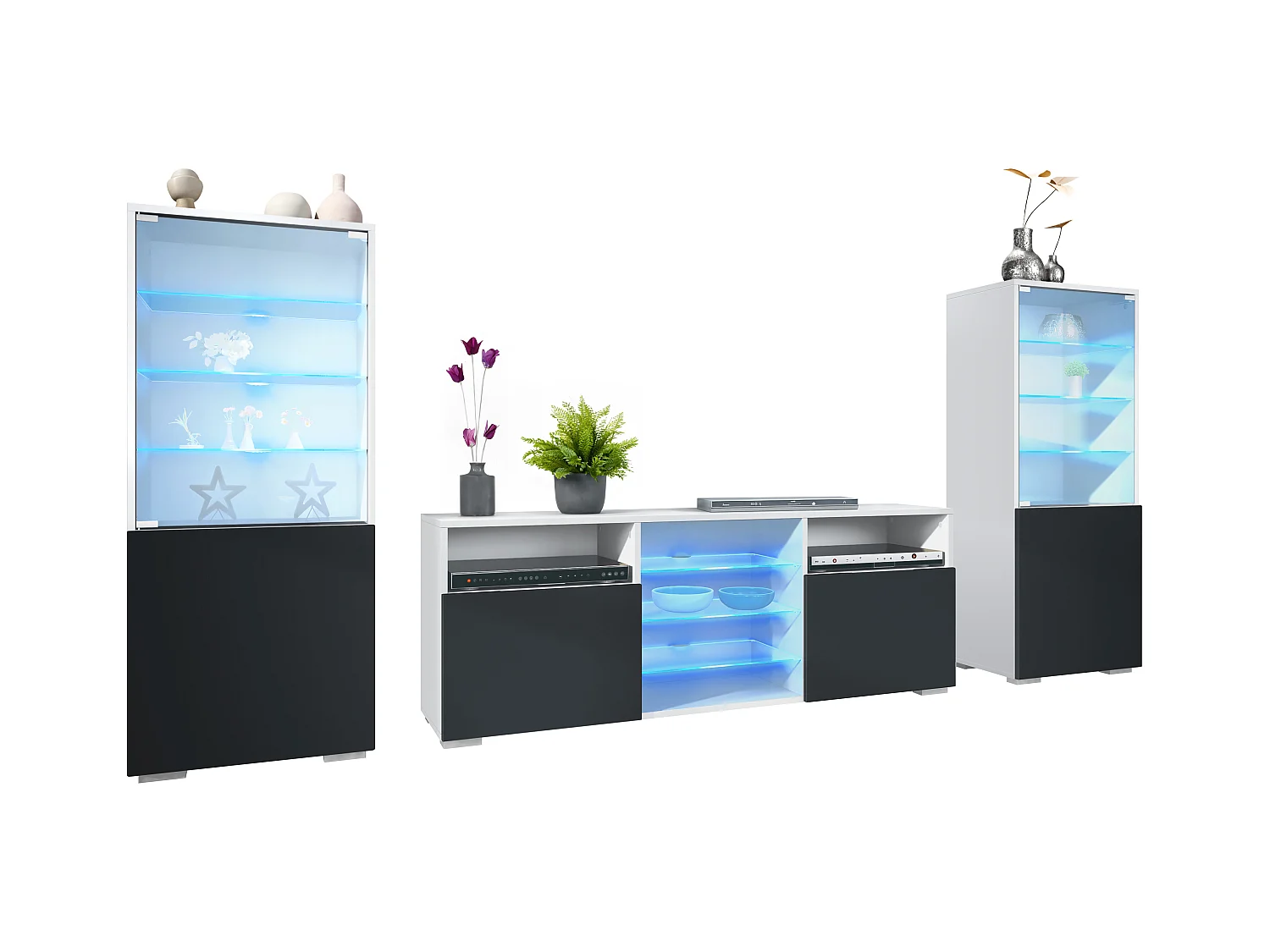 Ensemble mural Granada pour salon, comprenant 2 vitrines et 1 meuble TV, blanc mat/noir mat éclairage LED inclus (286 x 122,5 x 35 cm)