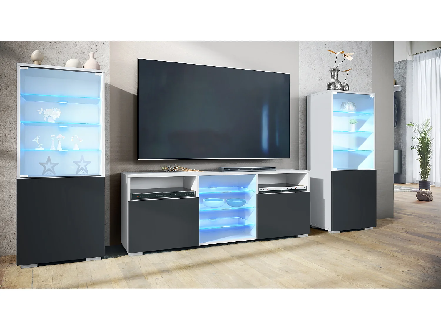 Ensemble mural Granada pour salon, comprenant 2 vitrines et 1 meuble TV, blanc mat/noir mat éclairage LED inclus (286 x 122,5 x 35 cm)