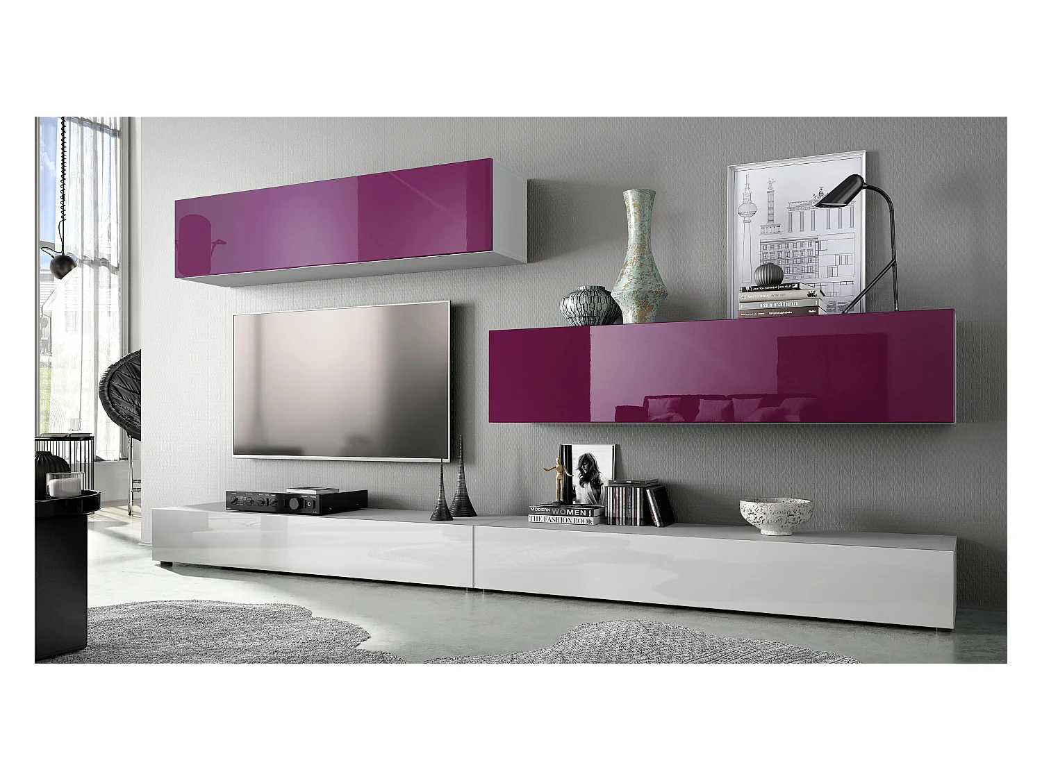 WOHNWAND Nublo Klappen in Brombeer Hochglanz