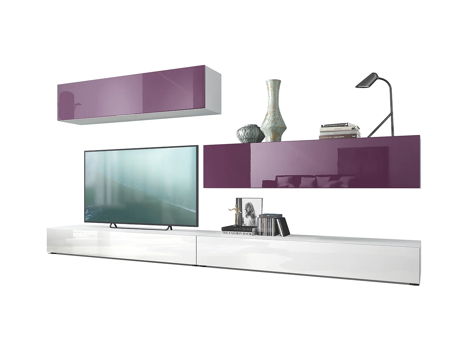 Combinaison murale Armoire Nublo, Corps en Blanc mat / Façades en Blanc haute brillance et Mûre haute brillance