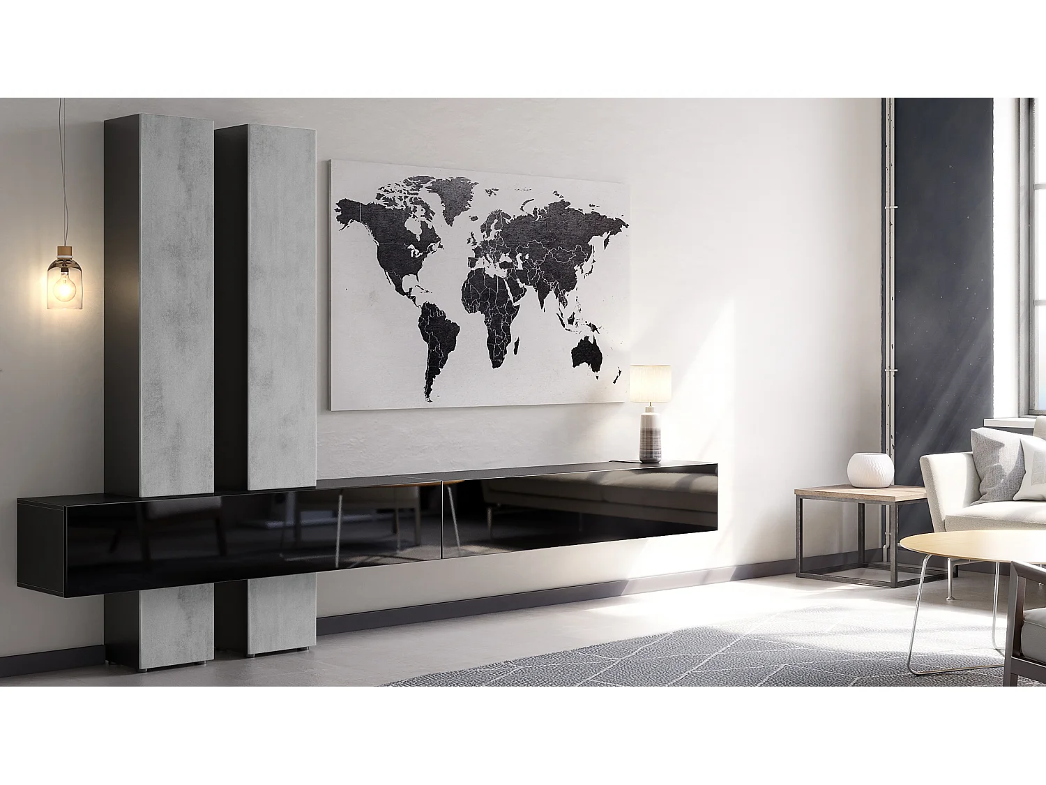 Parete attrezzata Vladon Moja - Nero opaco & Nero/ottica cermento ossido - Parete attrezzata moderna per il vostro soggiorno (LxHxP) 330 x 204 x 39 cm