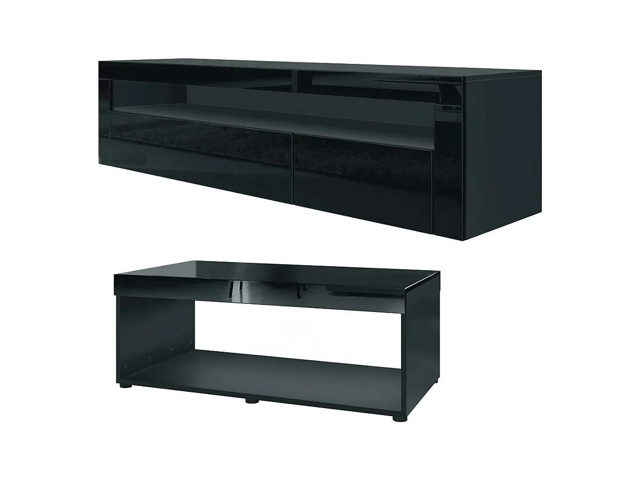 Ensemble de salon  Berlin, composé de 1 meuble TV avec 1 compartiment ouvert et 2 abattants, et 1 table basse, noir mat/noir haute brillance
