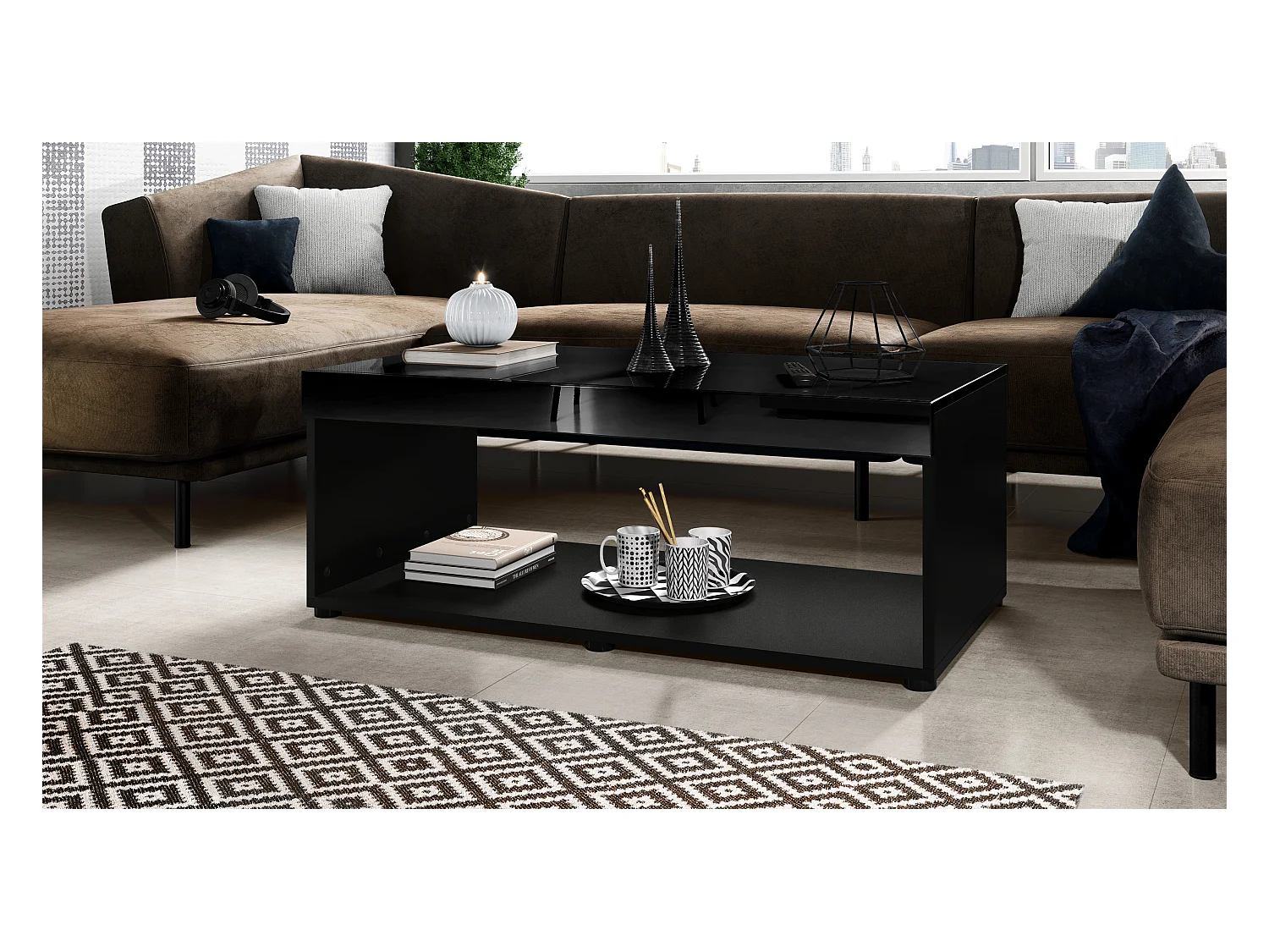 Ensemble de salon  Berlin, composé de 1 meuble TV avec 1 compartiment ouvert et 2 abattants, et 1 table basse, noir mat/noir haute brillance