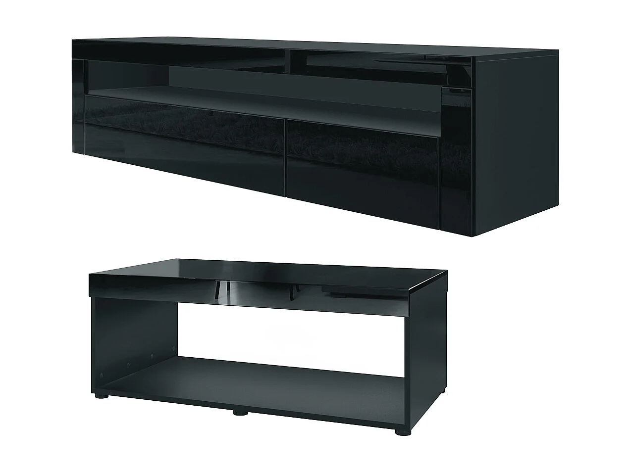Ensemble de salon  Berlin, composé de 1 meuble TV avec 1 compartiment ouvert et 2 abattants, et 1 table basse, noir mat/noir haute brillance