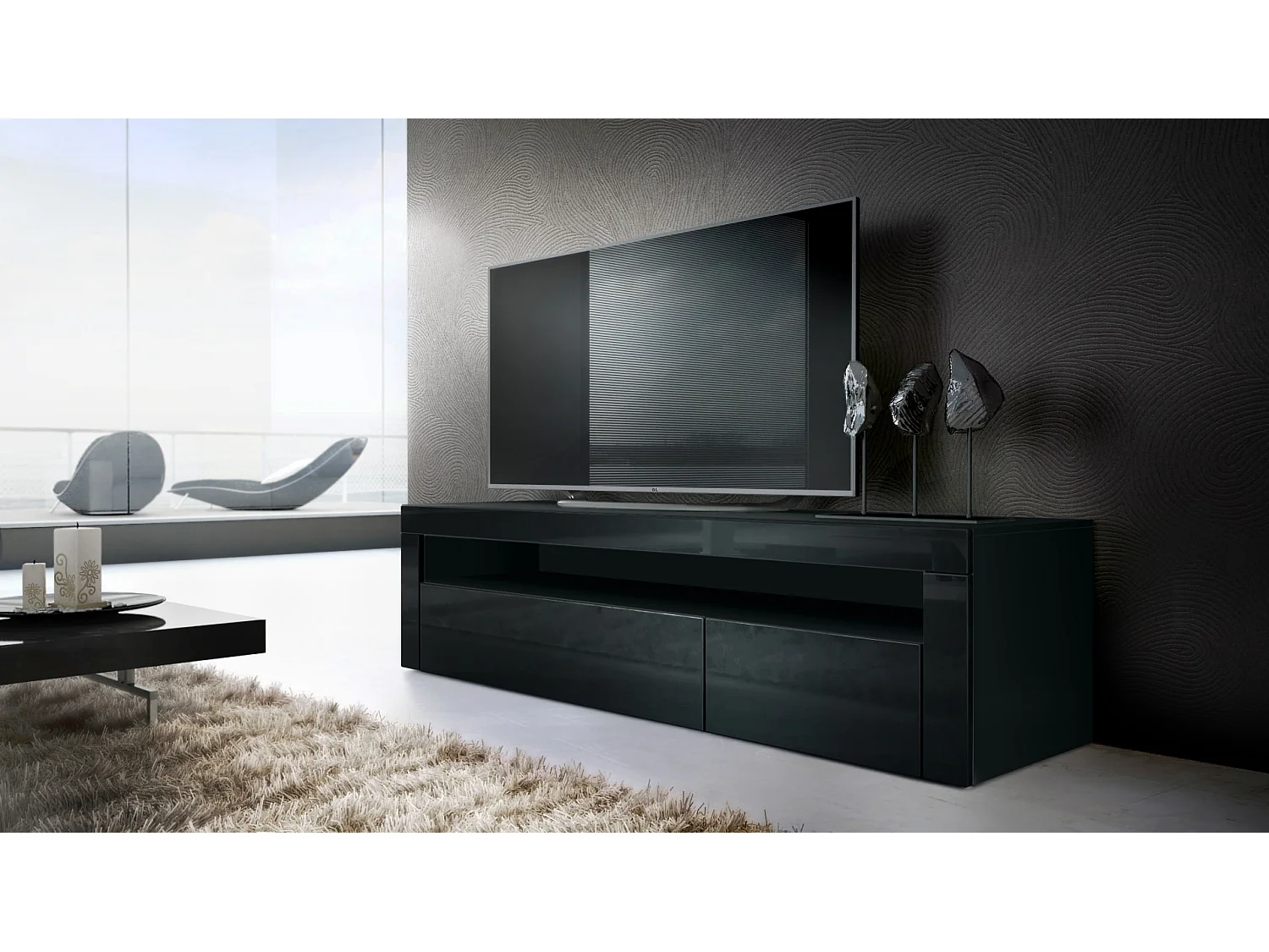 Ensemble de salon  Berlin, composé de 1 meuble TV avec 1 compartiment ouvert et 2 abattants, et 1 table basse, noir mat/noir haute brillance