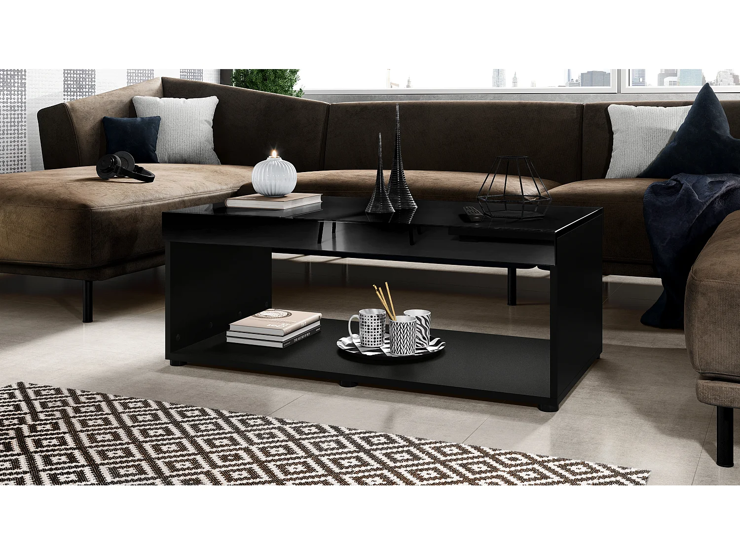 Ensemble de salon  Berlin, composé de 1 meuble TV avec 1 compartiment ouvert et 2 abattants, et 1 table basse, noir mat/noir haute brillance