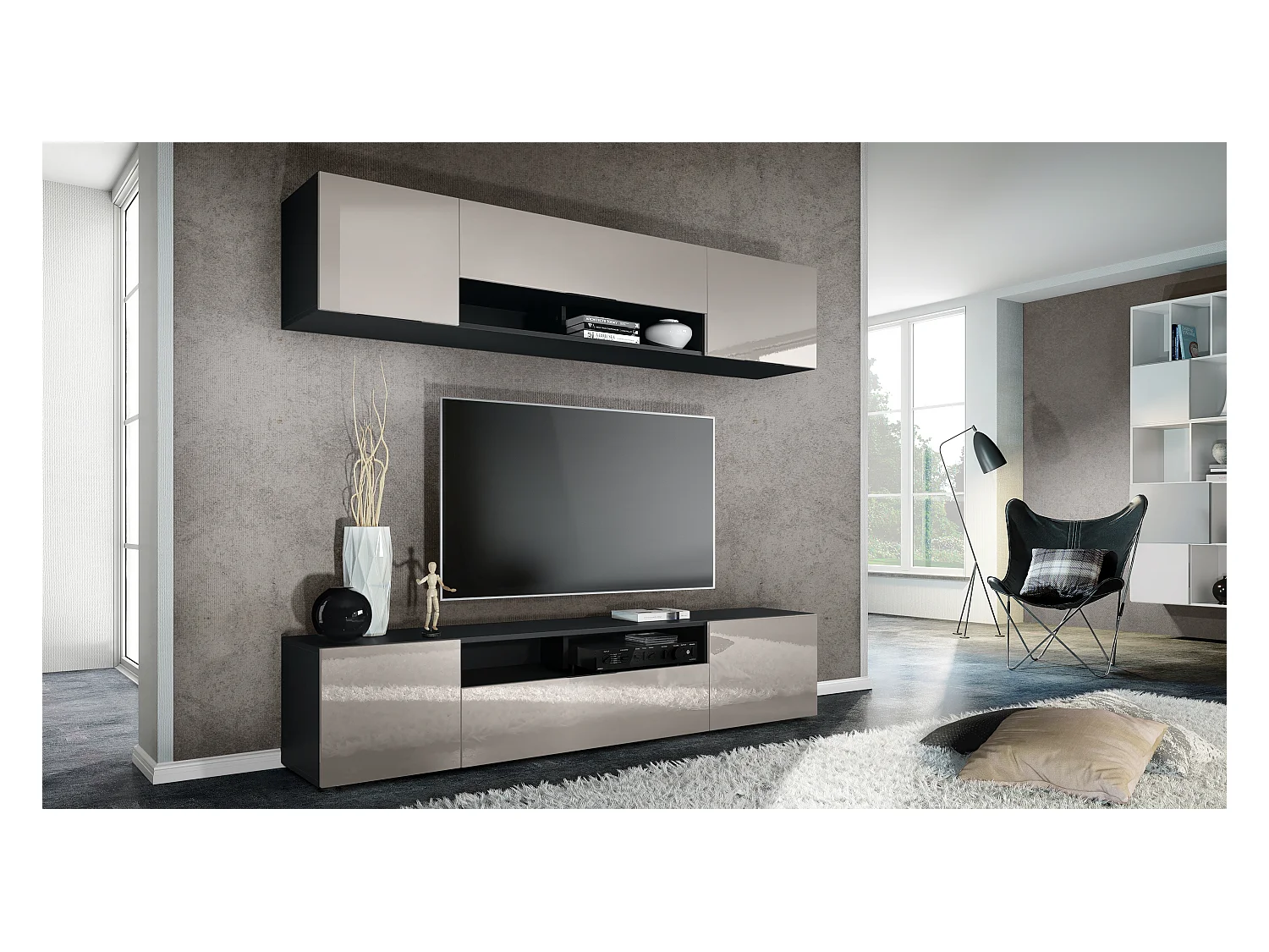 Meuble-paroi Mogan, noir mat/gris sable haute brillance - Meuble mural moderne composé de 2 étagères TV (181 x 147 x 35 cm)