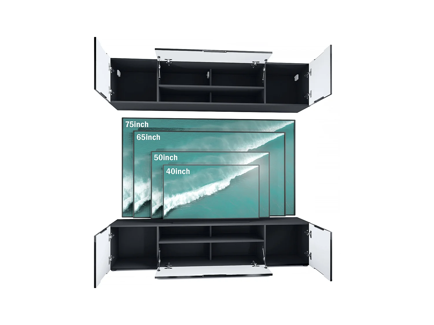 Meuble-paroi Mogan, noir mat/gris sable haute brillance - Meuble mural moderne composé de 2 étagères TV (181 x 147 x 35 cm)