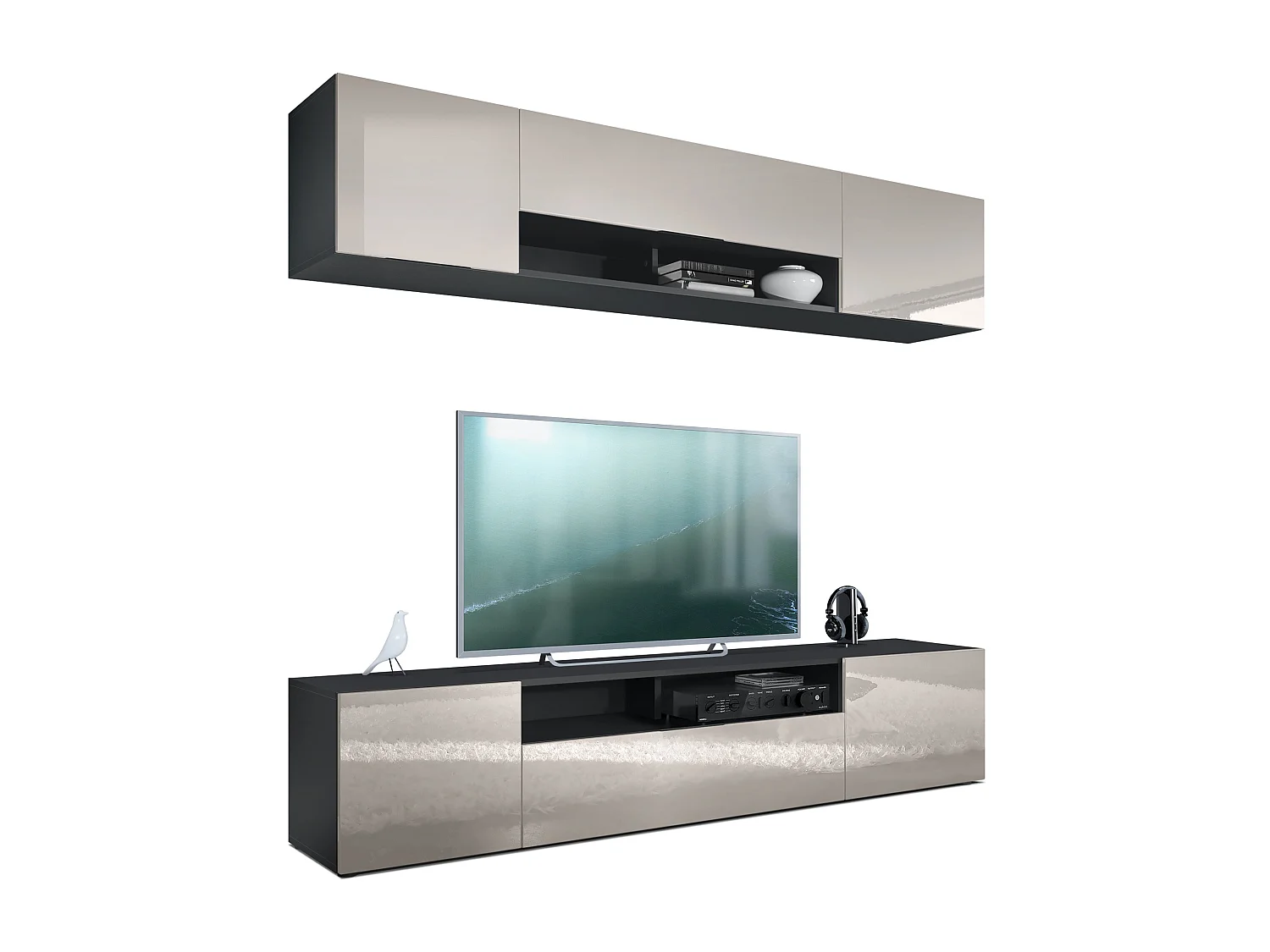 Meuble-paroi Mogan, noir mat/gris sable haute brillance - Meuble mural moderne composé de 2 étagères TV (181 x 147 x 35 cm)