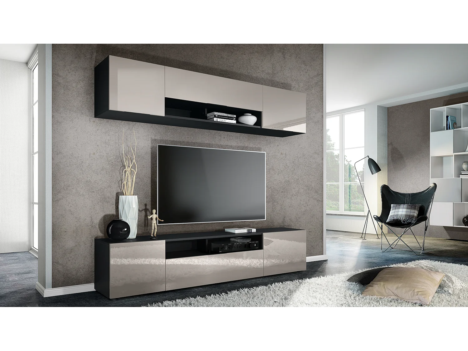 Meuble-paroi Mogan, noir mat/gris sable haute brillance - Meuble mural moderne composé de 2 étagères TV (181 x 147 x 35 cm)