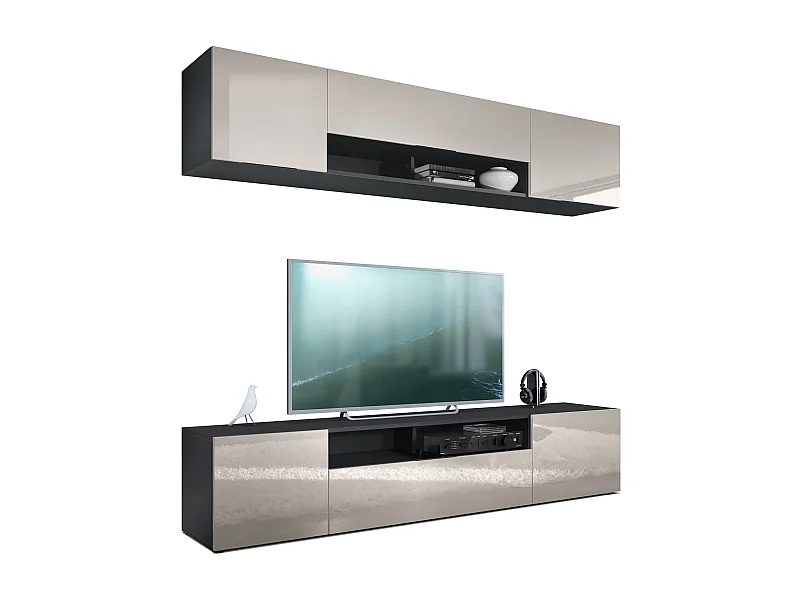 Meuble-paroi Mogan, noir mat/gris sable haute brillance - Meuble mural moderne composé de 2 étagères TV (181 x 147 x 35 cm)