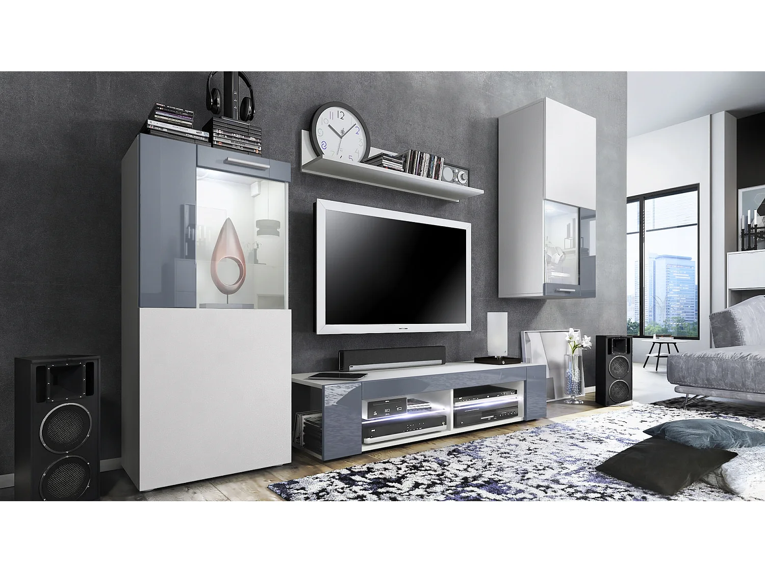 Ensemble de salon Movie comprenant 1 meuble bas TV, 2 vitrines et 1 étagère, Blanc mat/Gris haute brillance, (Dimensions totales : 300 x 190 x 39 cm)