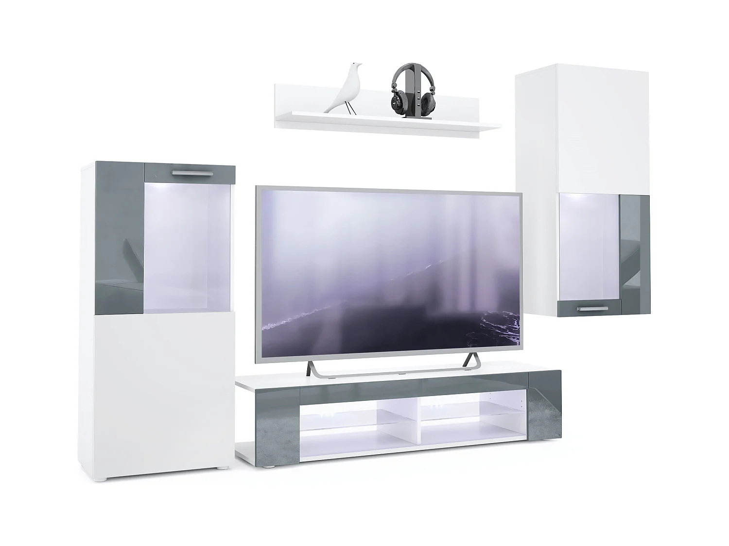 Ensemble de salon Movie comprenant 1 meuble bas TV, 2 vitrines et 1 étagère, Blanc mat/Gris haute brillance, (Dimensions totales : 300 x 190 x 39 cm)