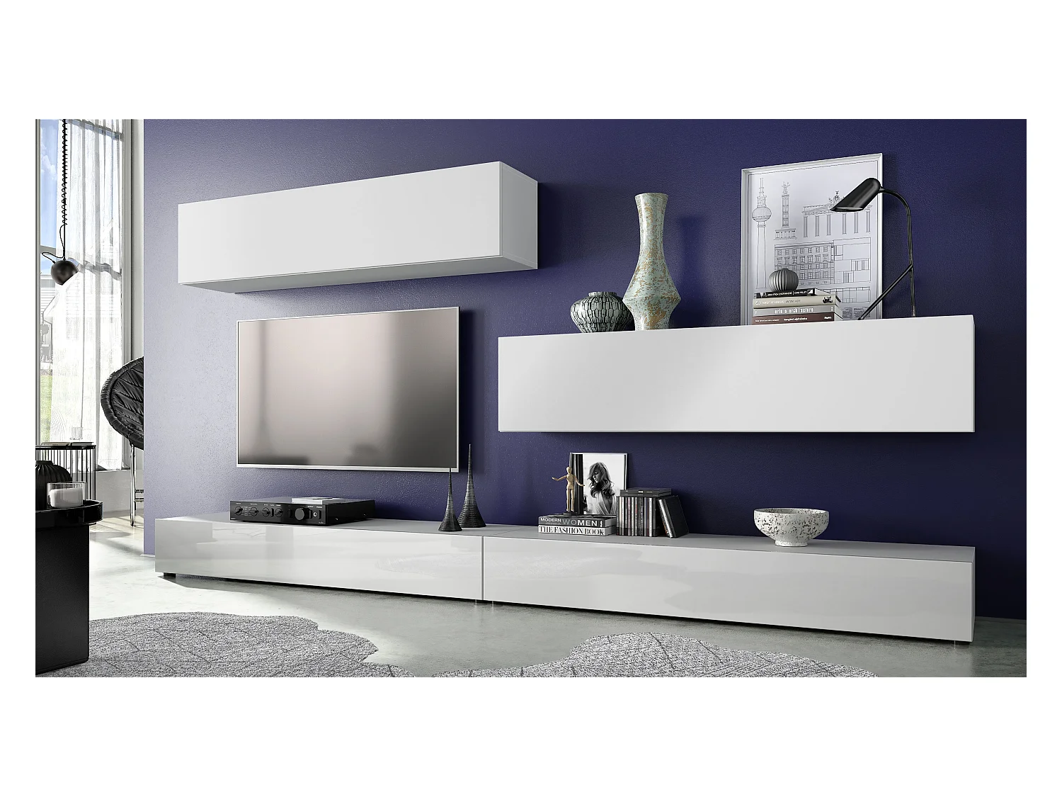 Combinaison murale Armoire Nublo, Corps en Blanc mat / Façades en Blanc haute brillance et Blanc mat