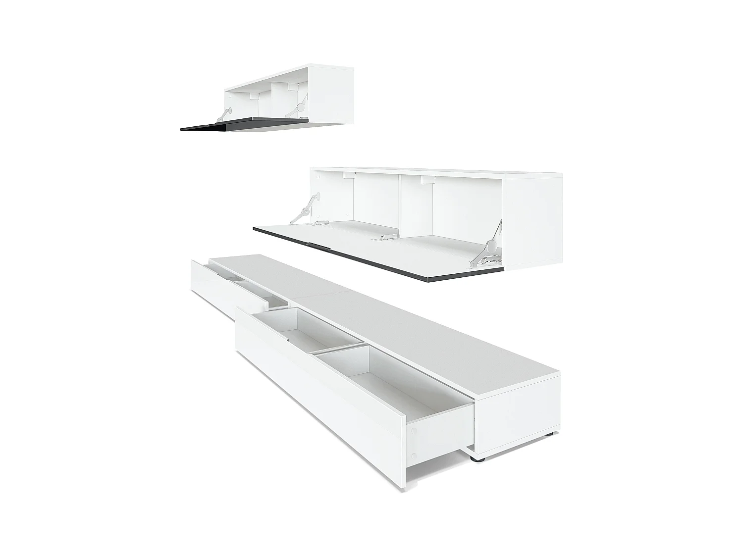 Combinaison murale Armoire Nublo, Corps en Blanc mat / Façades en Blanc haute brillance et Blanc mat