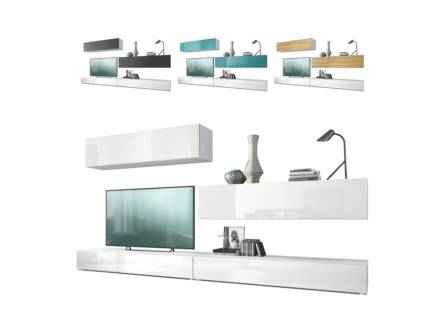 Combinaison murale Armoire Nublo, Corps en Blanc mat / Façades en Blanc haute brillance et Blanc mat