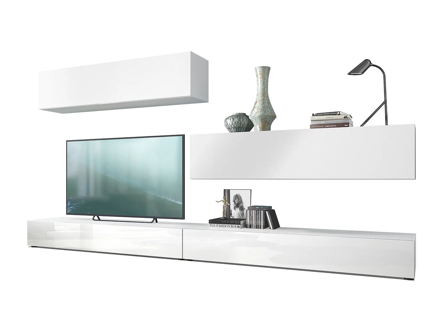 Combinaison murale Armoire Nublo, Corps en Blanc mat / Façades en Blanc haute brillance et Blanc mat