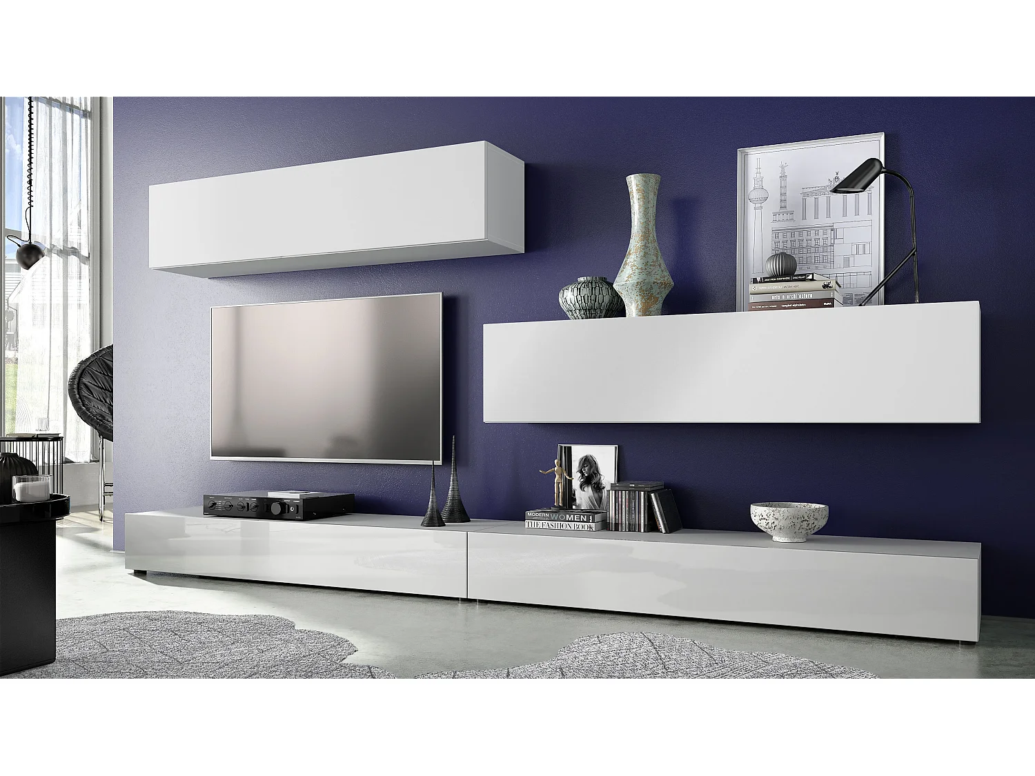 Combinaison murale Armoire Nublo, Corps en Blanc mat / Façades en Blanc haute brillance et Blanc mat