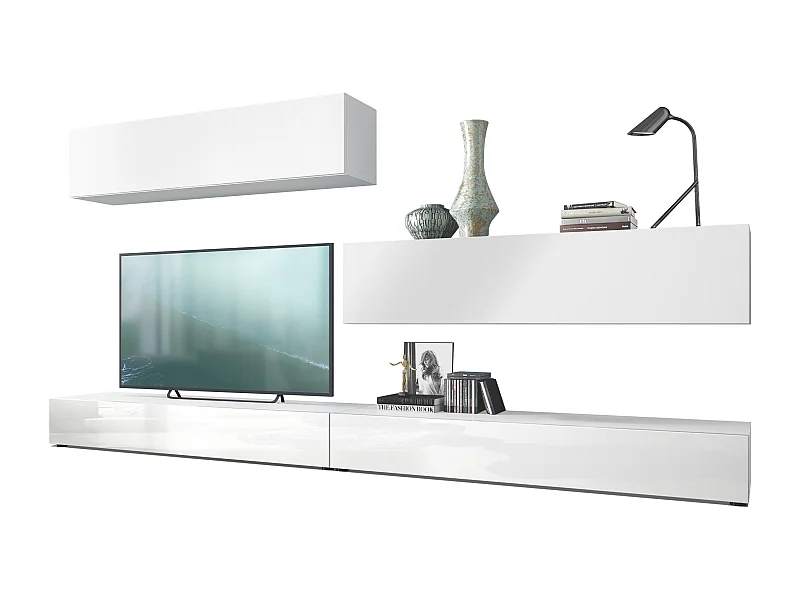 Combinaison murale Armoire Nublo, Corps en Blanc mat / Façades en Blanc haute brillance et Blanc mat