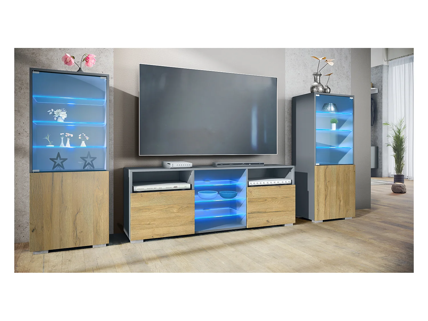 Ensemble mural Granada pour salon, comprenant 2 vitrines et 1 meuble TV, anthracite mat/chêne nature éclairage LED inclus (286 x 122,5 x 35 cm)