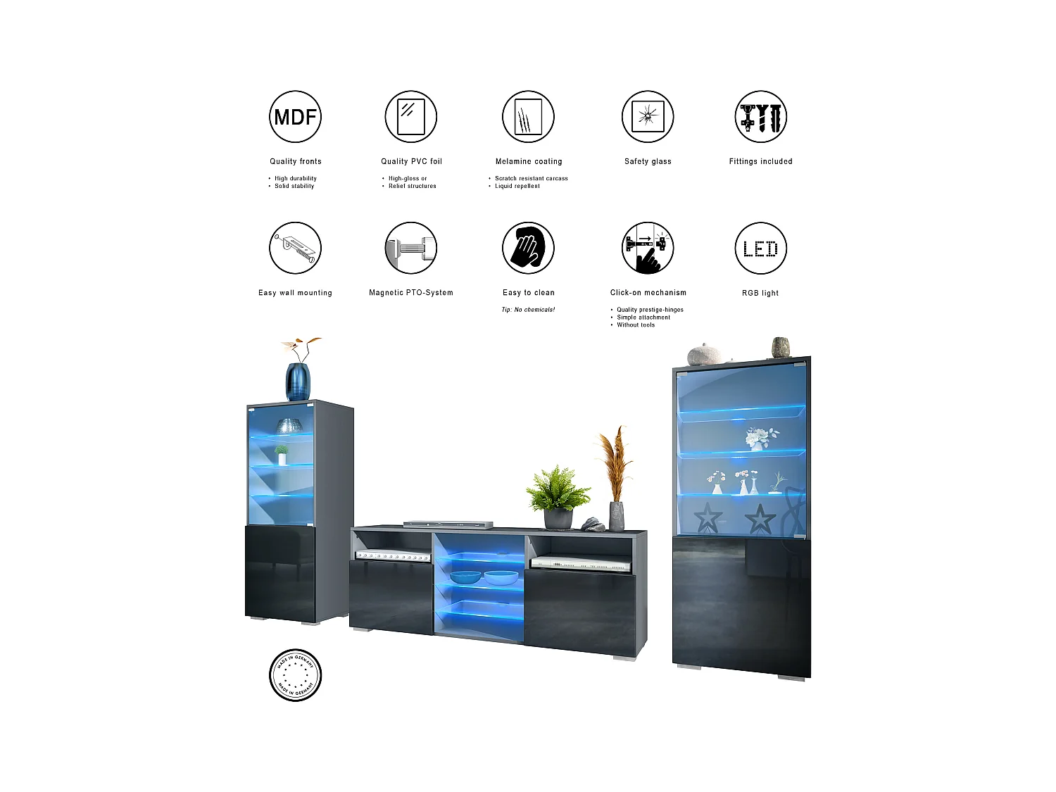 Ensemble mural Granada pour salon, comprenant 2 vitrines et 1 meuble TV, anthracite mat/chêne nature éclairage LED inclus (286 x 122,5 x 35 cm)