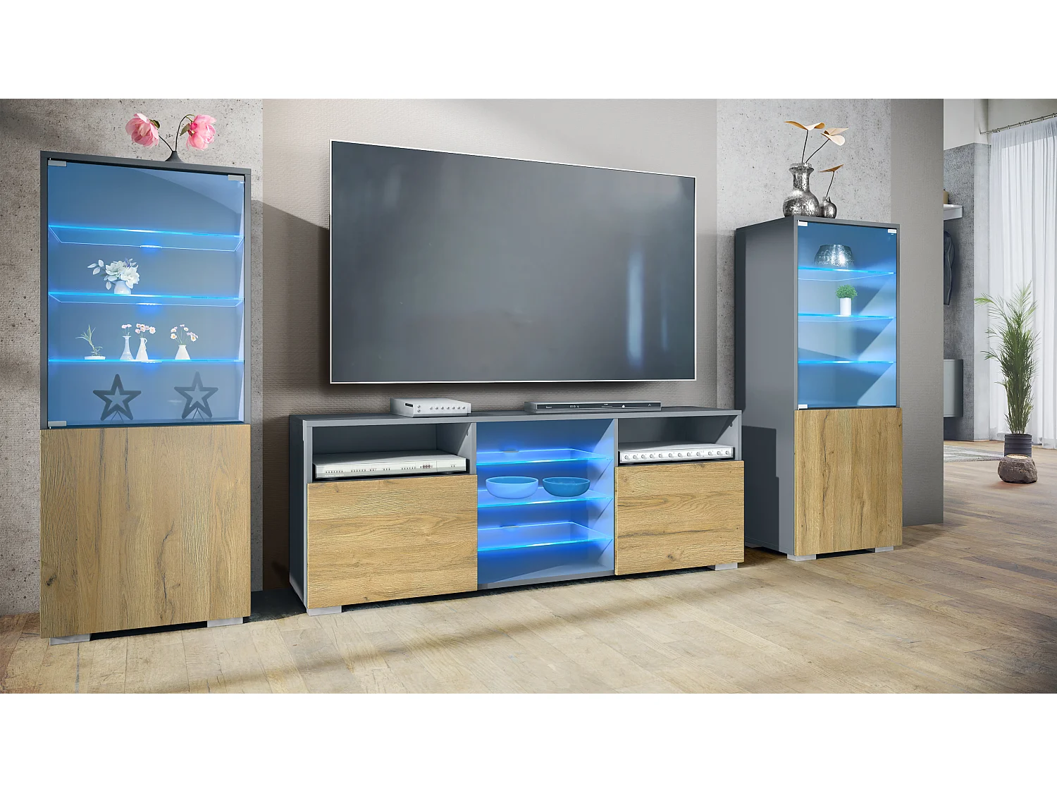 Mueble de pared Granada para sala de estar, compuesto por 2 vitrinas y 1 mueble de TV,antracita mate/roble natural incl. iluminación LED (286 x 122,5 x 35 cm)