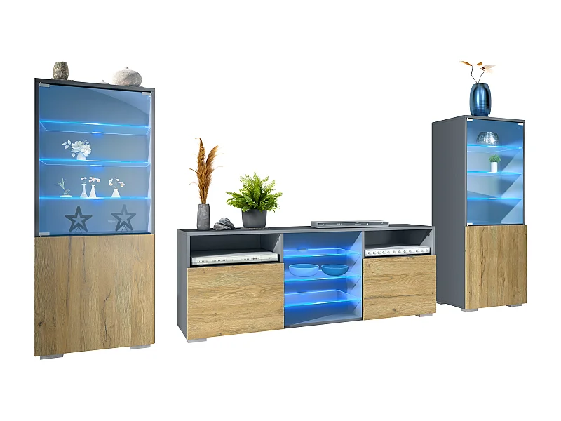 Ensemble mural Granada pour salon, comprenant 2 vitrines et 1 meuble TV, anthracite mat/chêne nature éclairage LED inclus (286 x 122,5 x 35 cm)