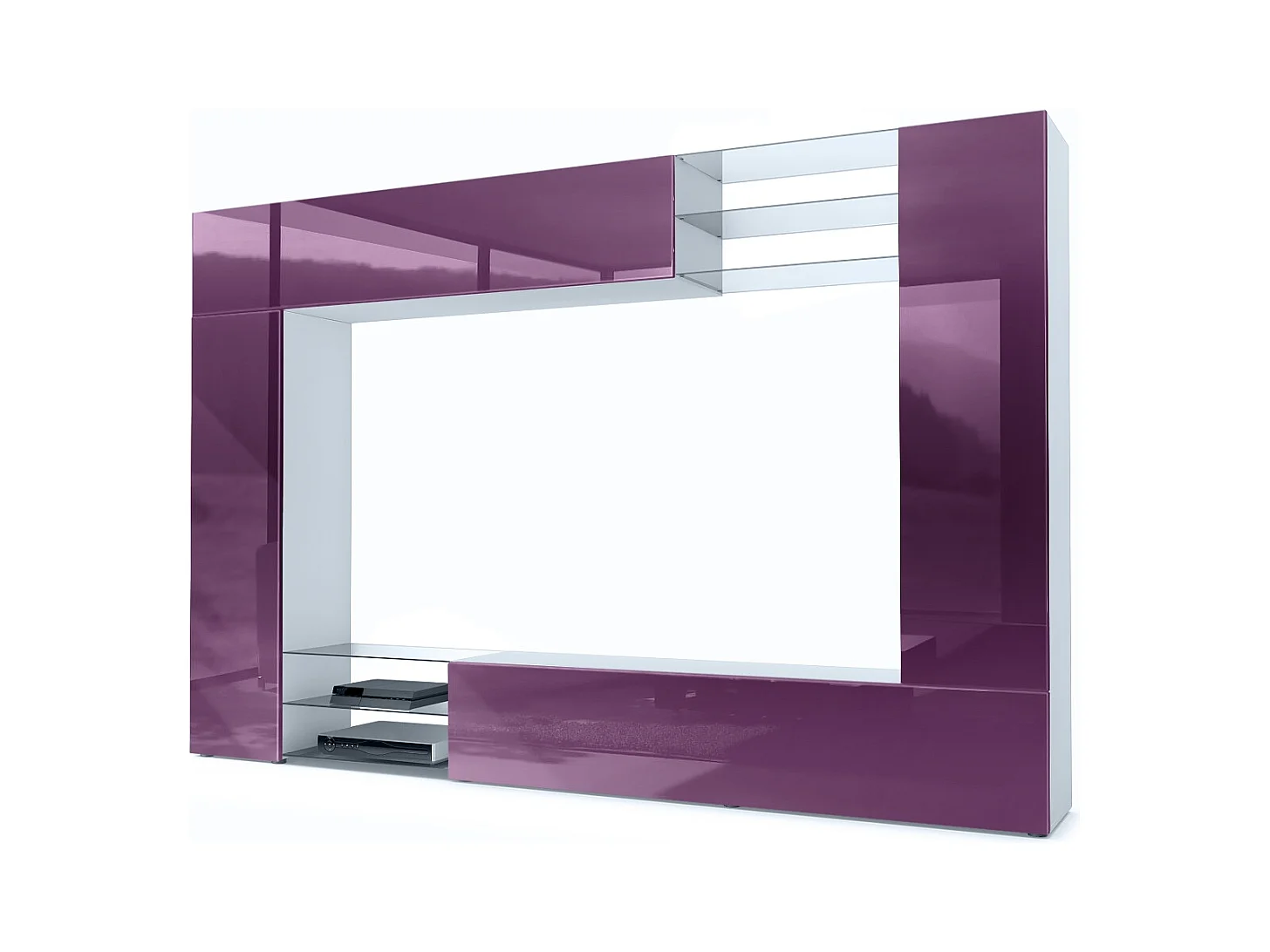 Meuble TV mural Mirage, Ensemble étagère TV avec panneau arrière et 2 portes, 2 clapets et 6 étagères en verre, Blanc mat/Mûre brillant (262 x 183 x 39 cm)