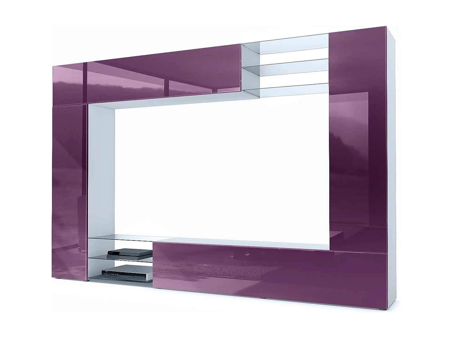 Set da soggiorno  Mirage, Parete attrezzata con 2 ante, 2 ante a ribalta e 6 ripiani a giorno in vetro, bianco opaco/violetto-porpora (262 x 183 x 39 cm)