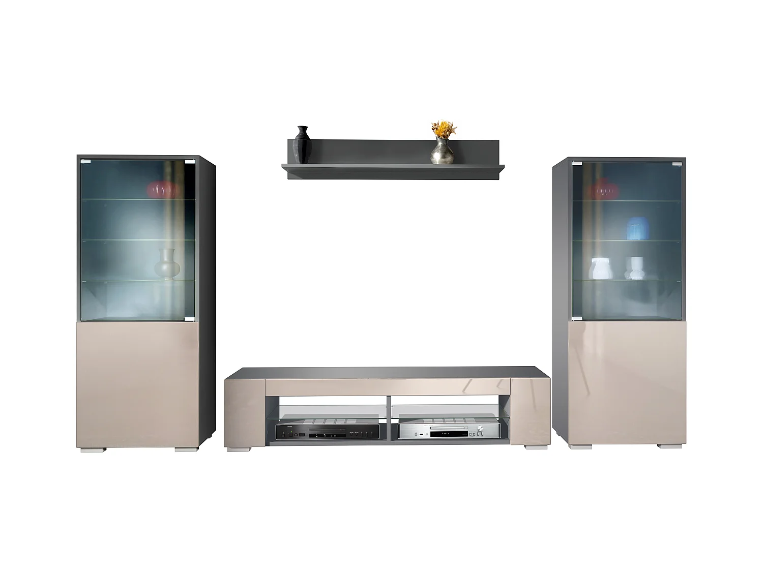 Ensemble mural Nevada V2, meuble de salon composé de 2 vitrines, 1 meuble TV et 1 étagère murale, Anthracite mat/gris sable haute brillance (304,5 x 141 x 39 cm)