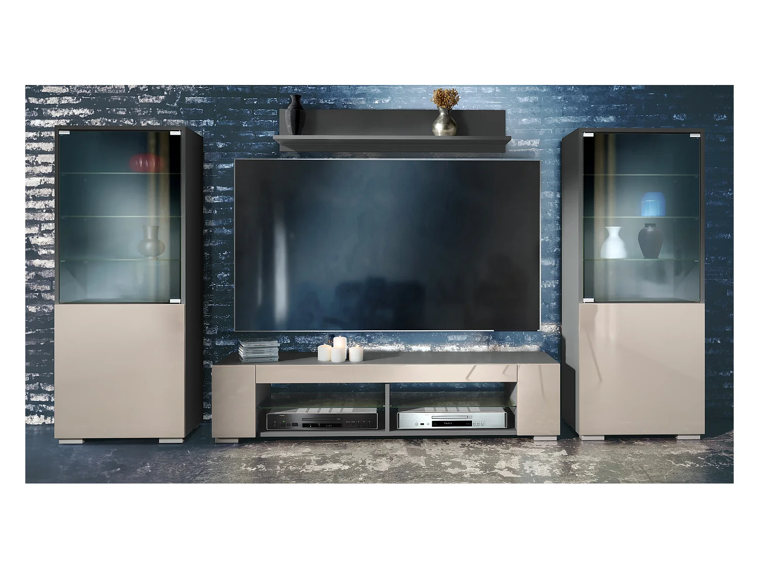 Ensemble mural Nevada V2, meuble de salon composé de 2 vitrines, 1 meuble TV et 1 étagère murale, Anthracite mat/gris sable haute brillance (304,5 x 141 x 39 cm)